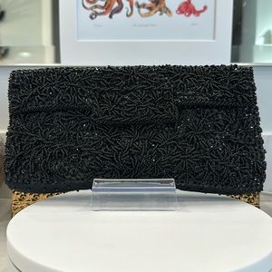 VTG Bon Soir, Black-on-Black Beaded & Sequined Evening Bag, EUC